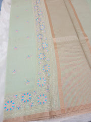 Light Teal Fancy Check Embroidery Saree