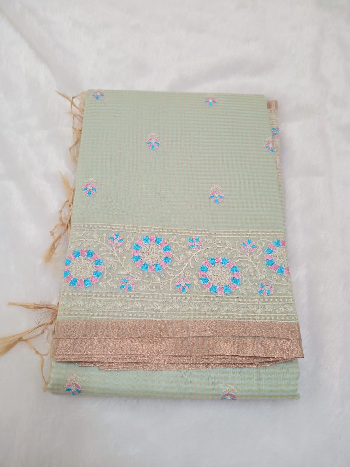 Light Teal Fancy Check Embroidery Saree