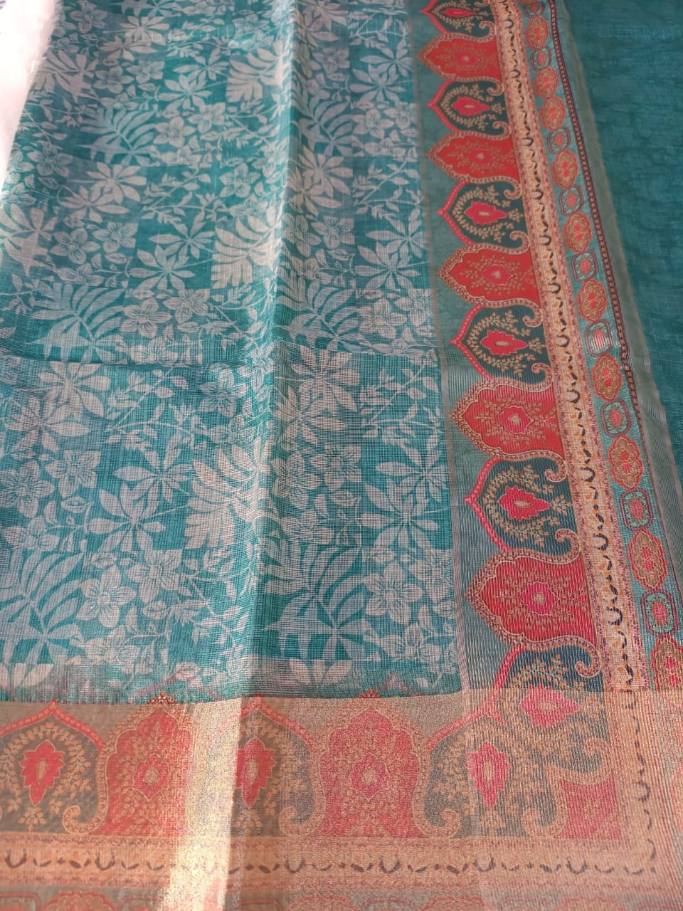 Blue Green Fancy Material Printed Saree