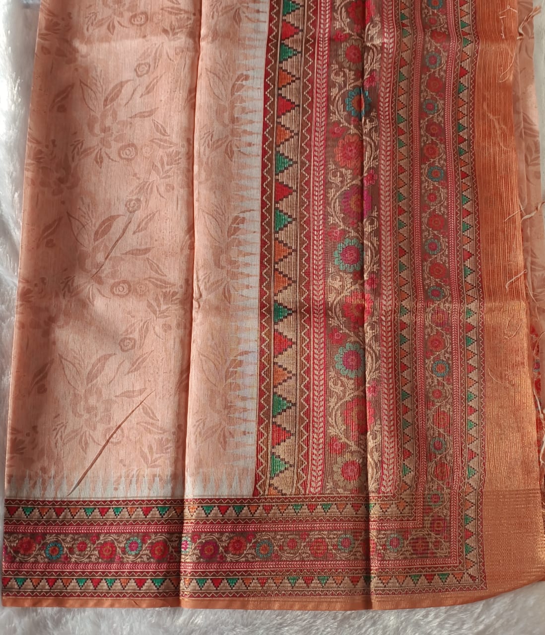 Chocolate Cream Fancy Material Printed Saree