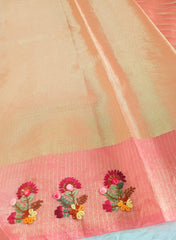 Dark Blushing Peach Soft Tissue HAND Embroidery Saree