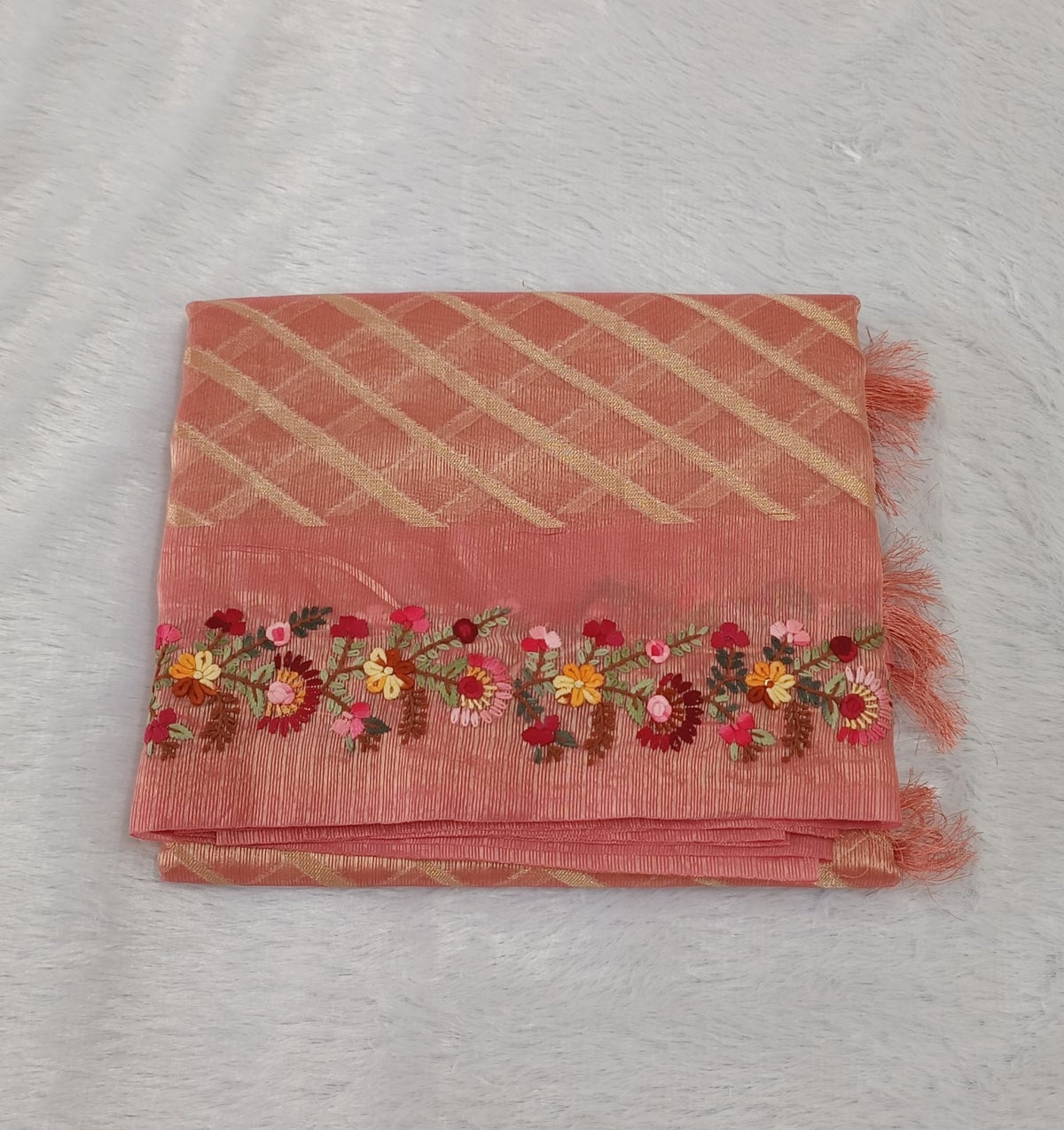 Dark Blushing Peach Soft Tissue HAND Embroidery Saree