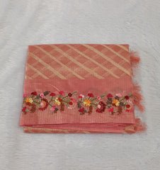 Dark Blushing Peach Soft Tissue HAND Embroidery Saree
