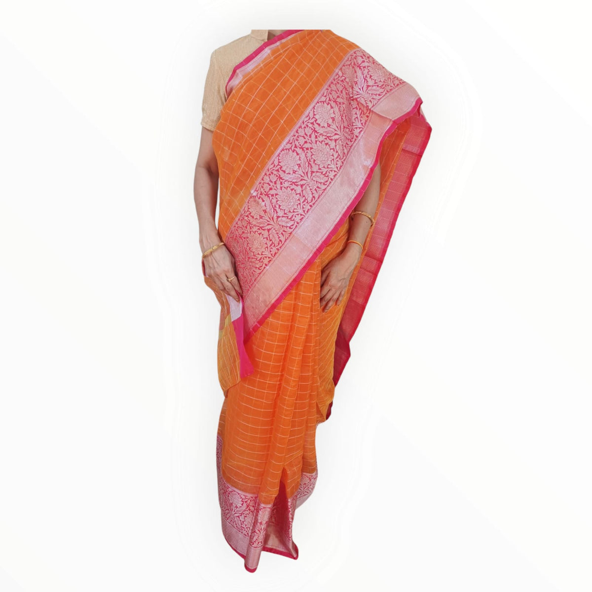 Carrot Fancy Check Weaving Saree