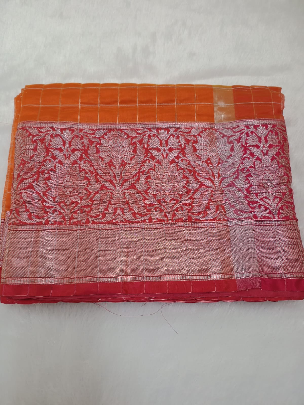 Carrot Fancy Check Weaving Saree