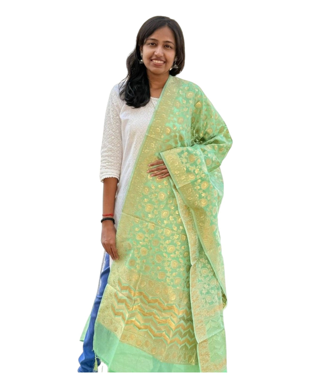 Green Cotton Weaving Floral Dupatta