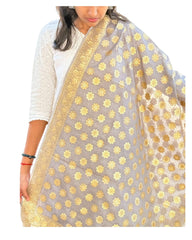 Grey Cotton Weaving Floral Dupatta
