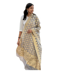 Grey Cotton Weaving Floral Dupatta