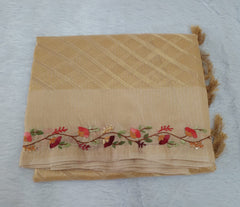 Light Dijon Soft Tissue HAND Embroidery Saree