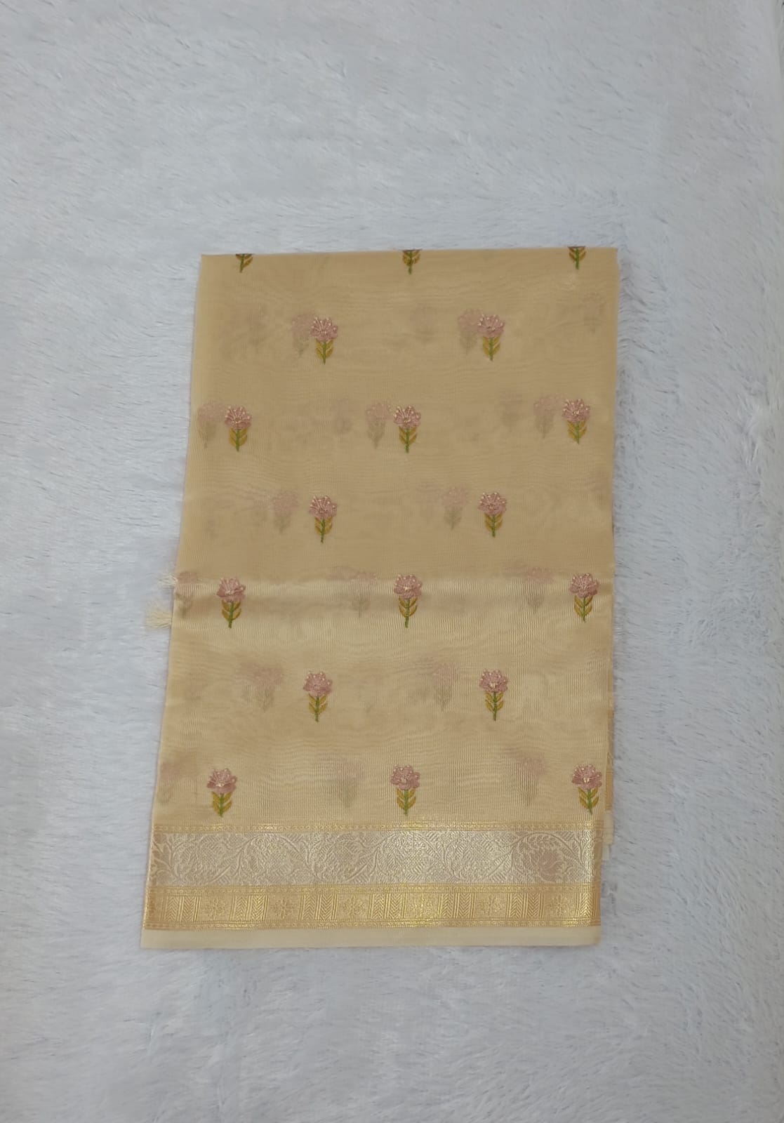Light Yellow Soft Tissue Embroidery Saree