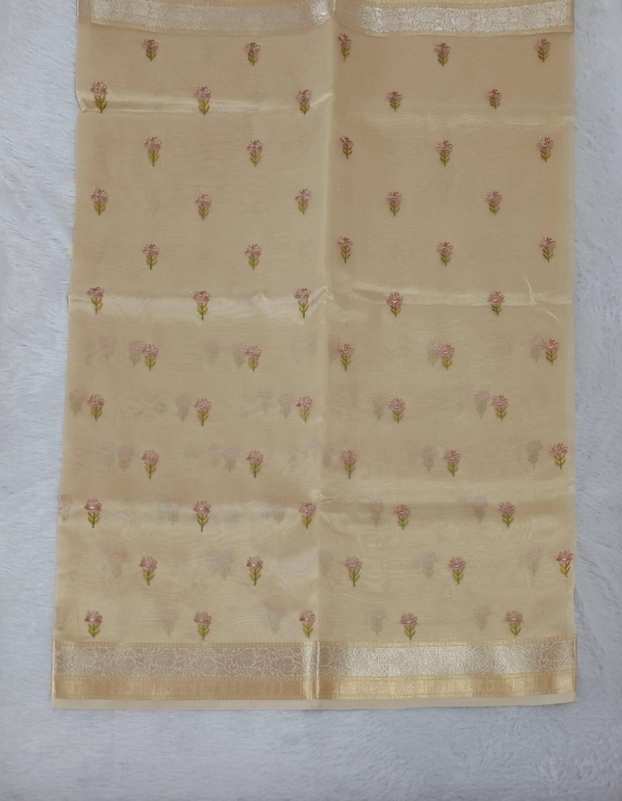 Light Yellow Soft Tissue Embroidery Saree