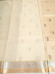 Light Yellow Soft Tissue Embroidery Saree