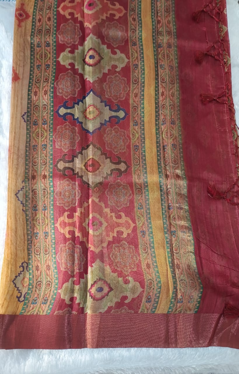 Light Mustard Fancy Material Printed Saree
