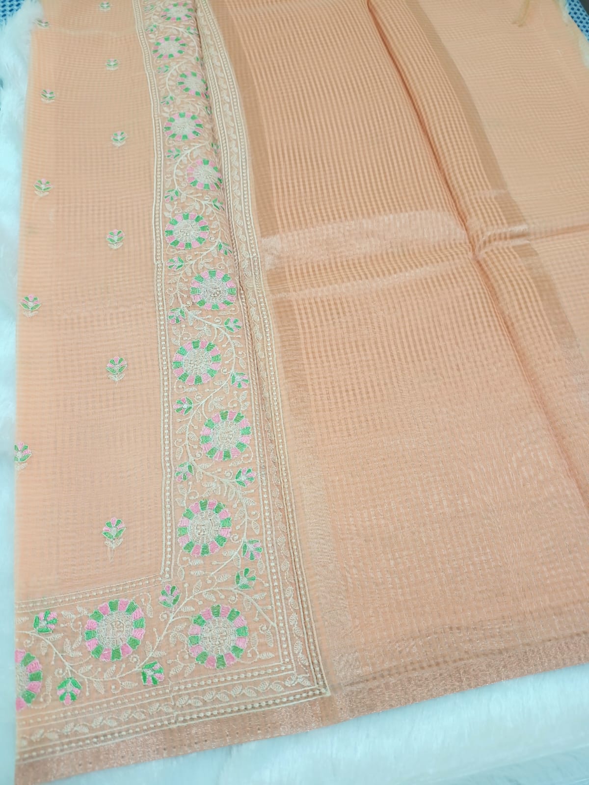 Crayola Peach Fancy Check Embroidery Saree