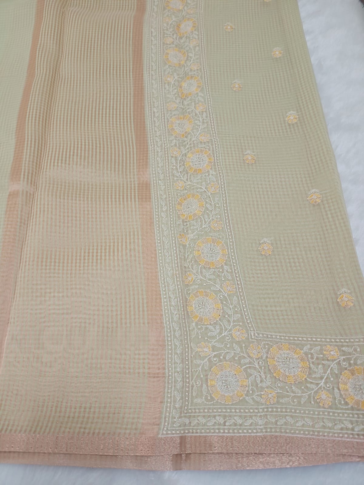Light Basil Fancy Check Embroidery Saree