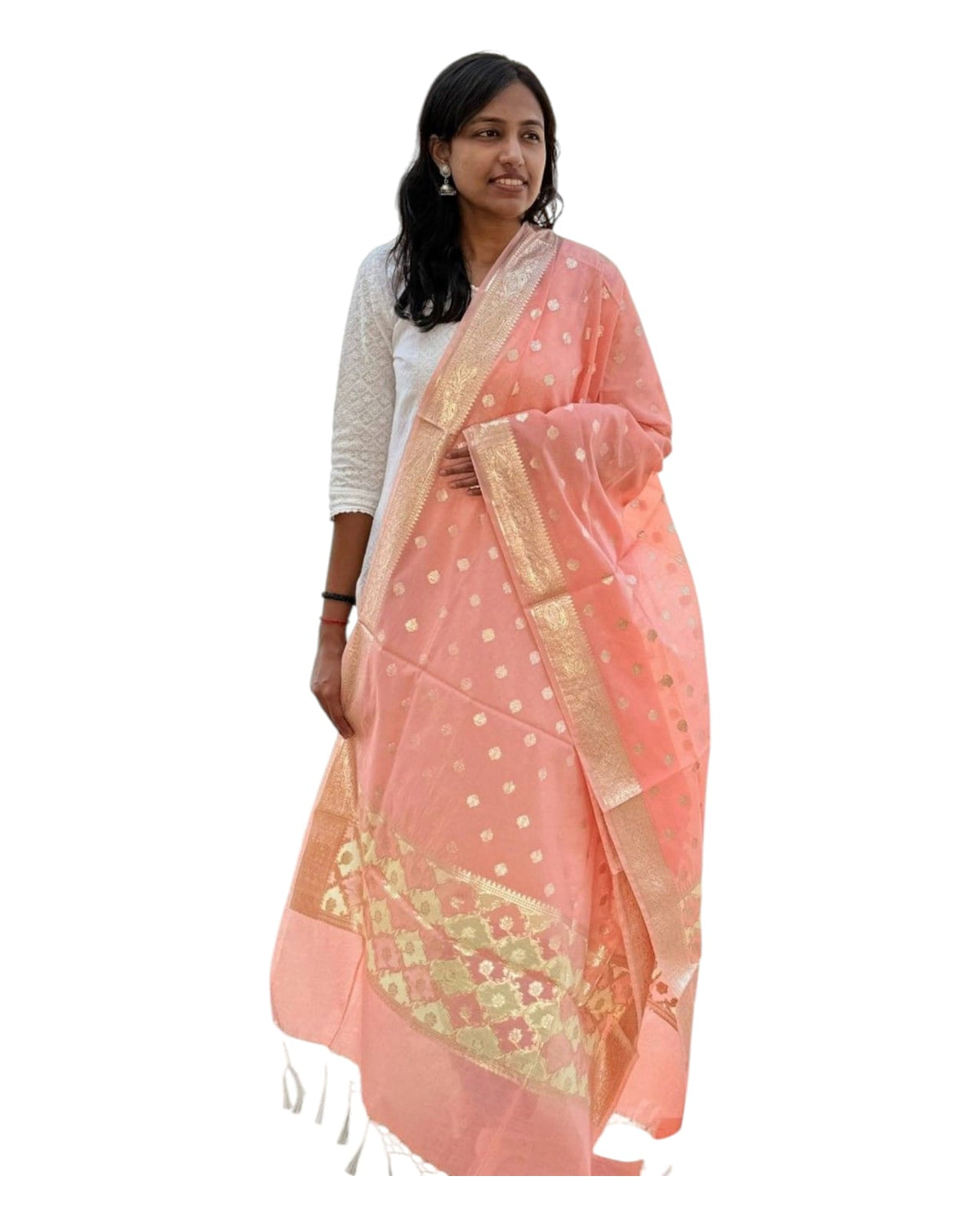 Peach Cotton Hand Weaving Dupatta
