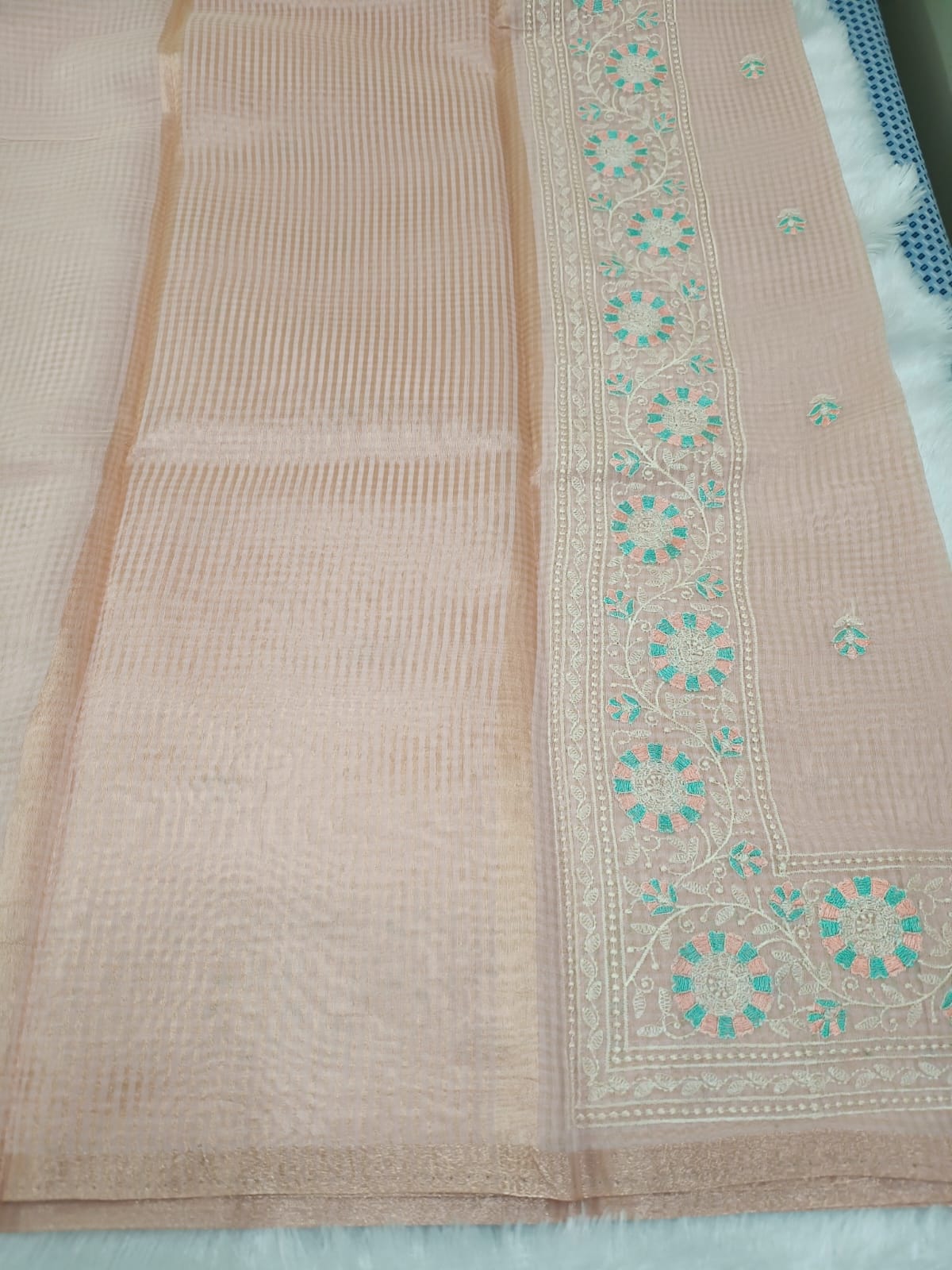 Heather Peach Fancy Check Embroidery Saree