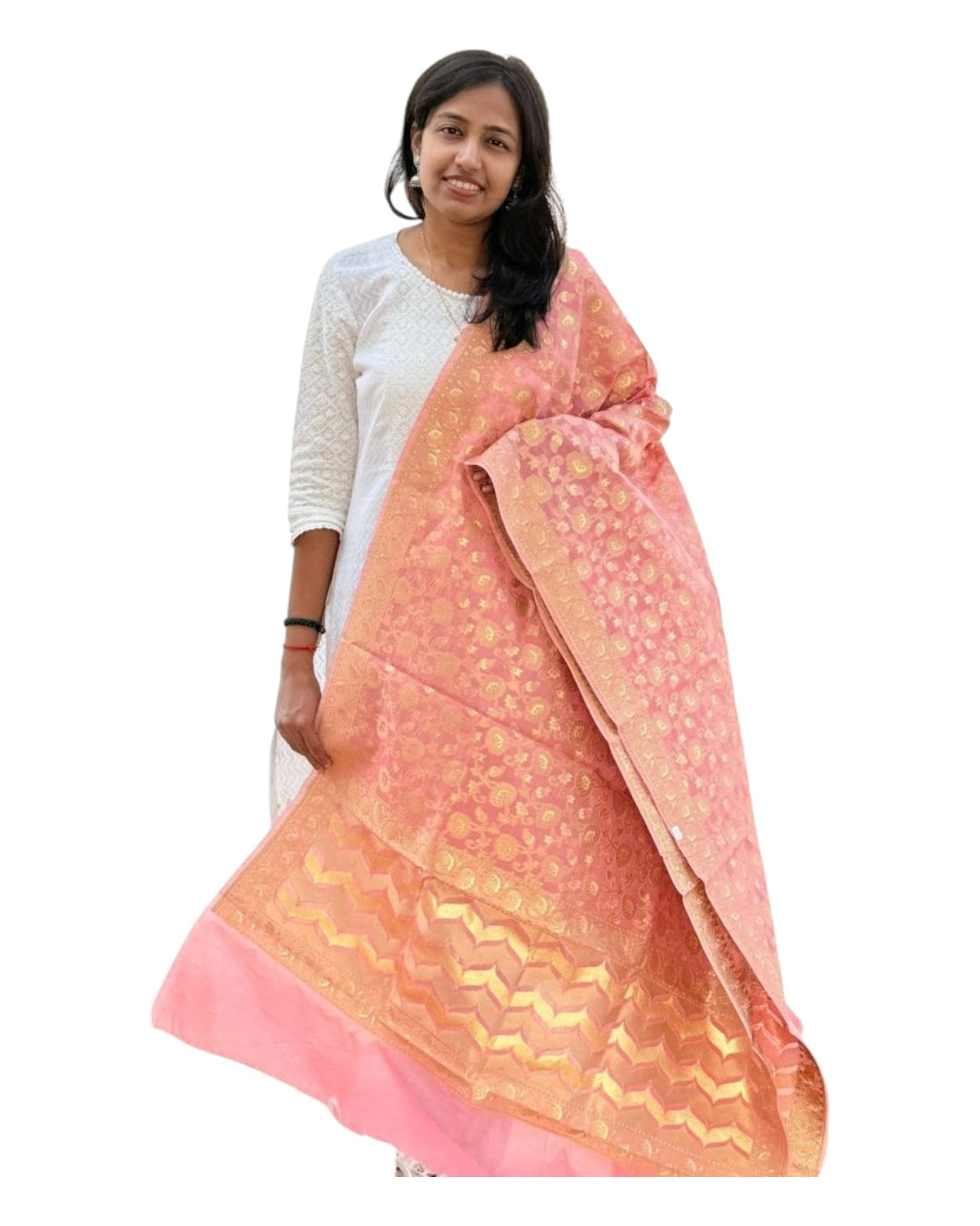 Pink Cotton Weaving Floral Dupatta